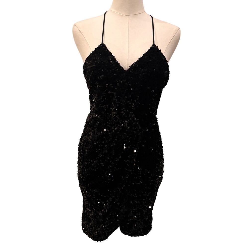 Cefian Black Sequin Mini Dress Size Small Strappy Back Bodycon Party Holiday